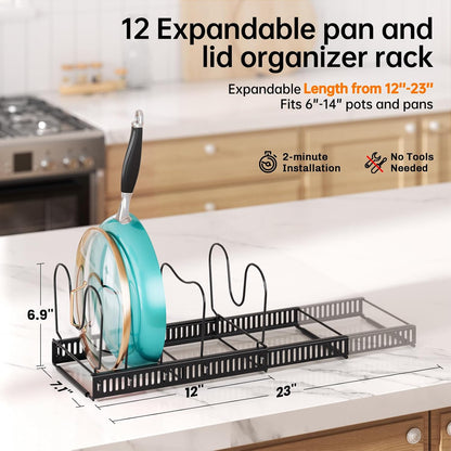 MUDEELA Expandable Pot Pan Lid Organizers inside Cabinet, 10 Divider-Black | Expandable 11.8–22.9", 10 Adjustable Divider, Tool-Free Assembly, Non-Slip, Scratch-Proof, For Pan Lid Cutting Board Bakeware