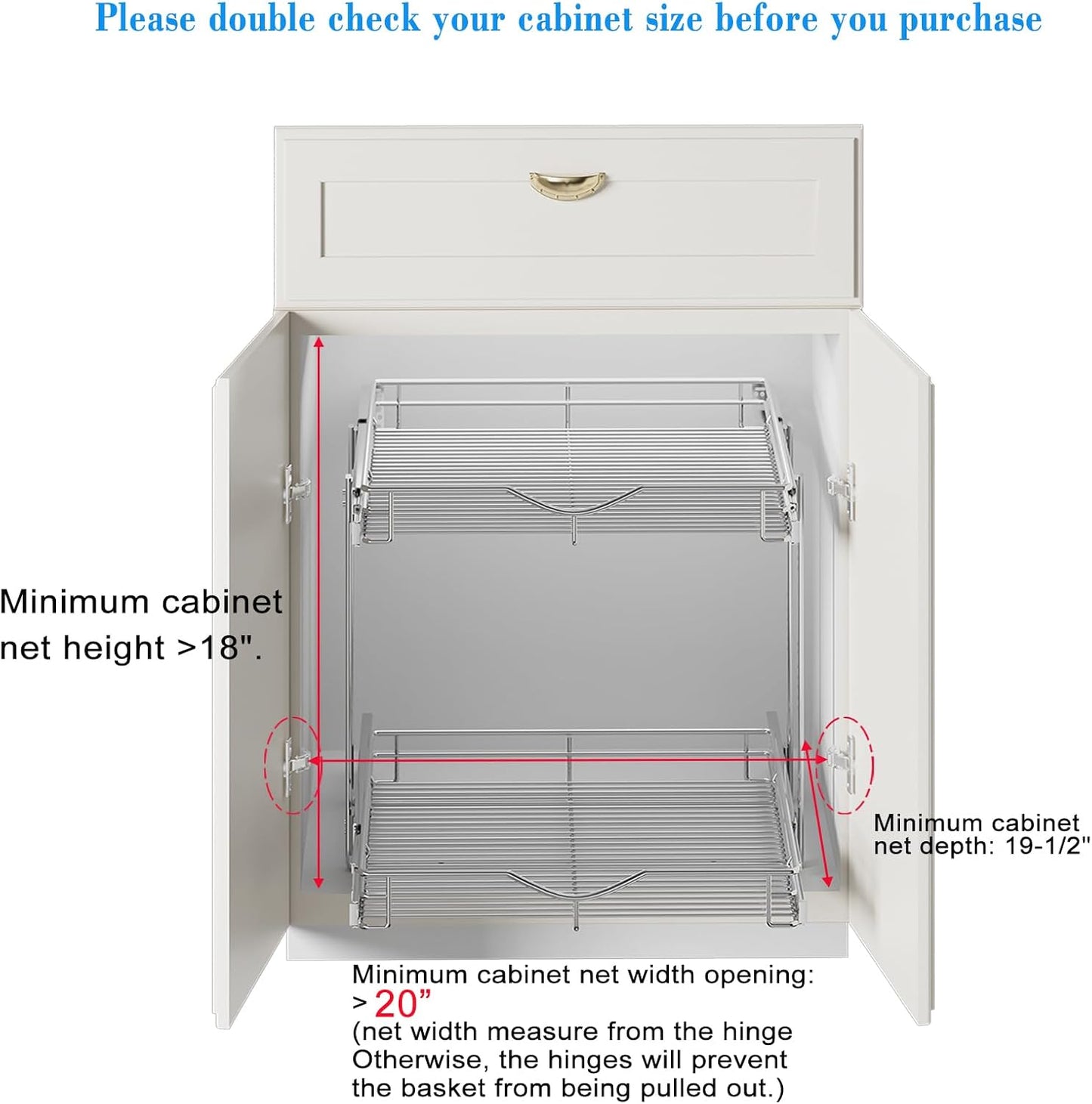 DINDON 2 Tier Pull Out Cabinet Organizer (20" W X 21" D), Double Tier Wire Basket Slide Out Shelf Storage for Kitchen Base Cabinet Organization for Kitchen, Pantry, Bathroom, Chrome