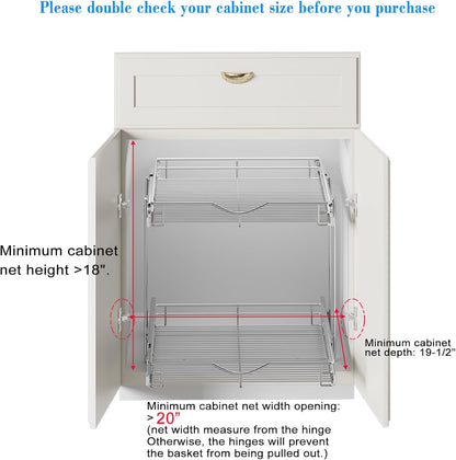 DINDON 2 Tier Pull Out Cabinet Organizer (20" W X 21" D), Double Tier Wire Basket Slide Out Shelf Storage for Kitchen Base Cabinet Organization for Kitchen, Pantry, Bathroom, Chrome