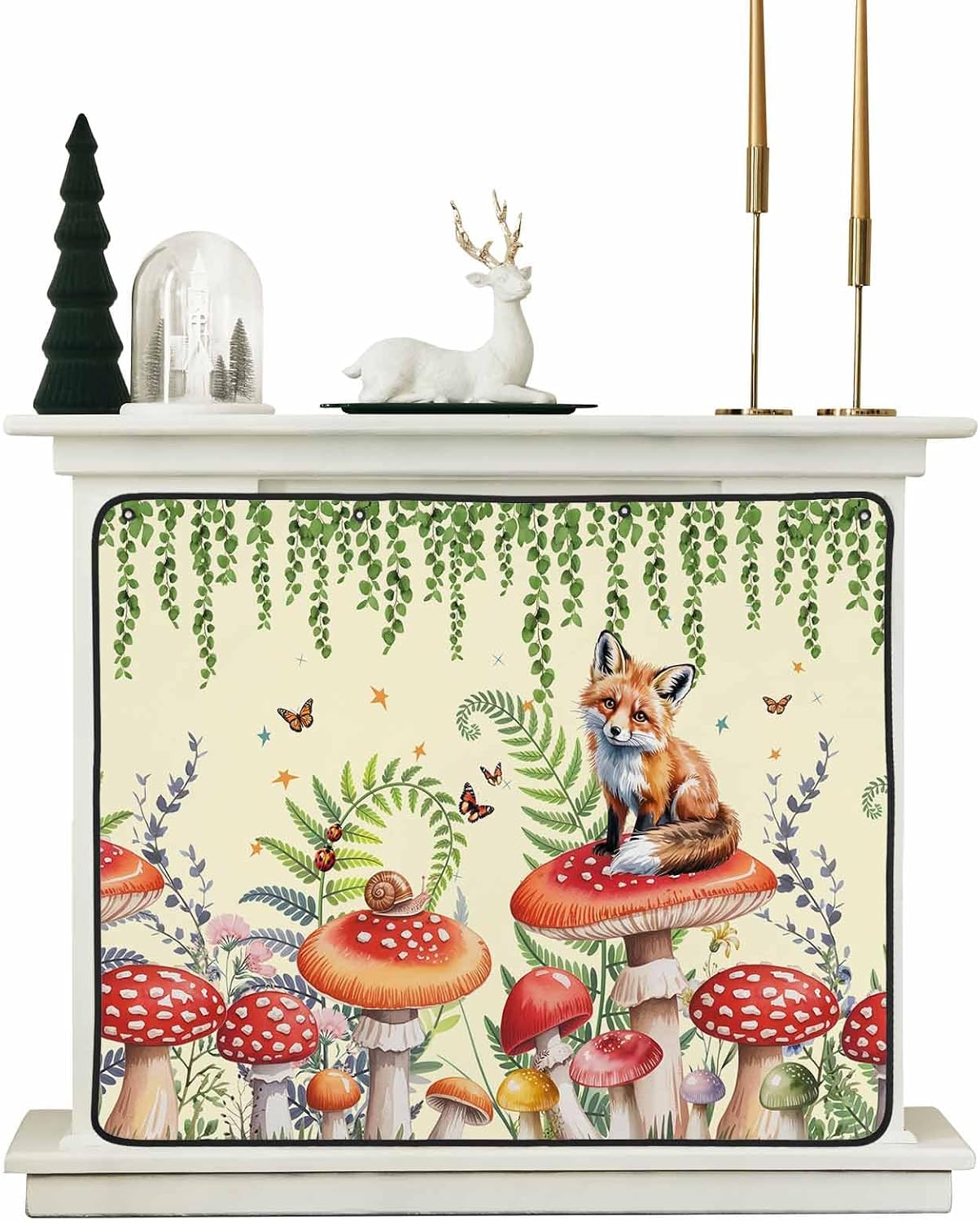 Magnetic Fireplace Cover Red Mushroom Fox Fireplace Screen Decorative Eucalyptus Leaves Butterfly Black Insulation Fireplaces Blocker Save Energy Fireplaces Draft Stopper Covers for Living Room 36x30