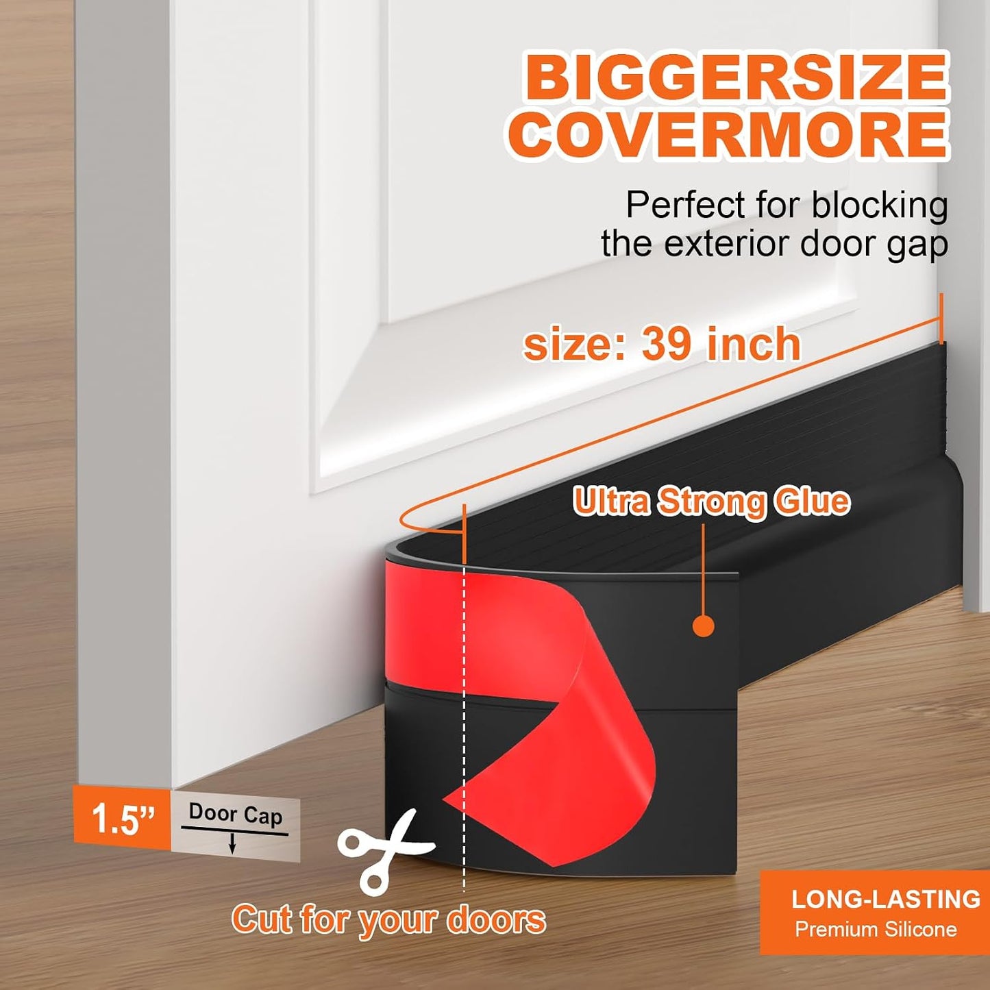 Door Draft Stopper, Door Sweep for Bottom of Door, Weather Stripping Door Seal Gap Filler Bottom Blocker Soundproofing Cold Air Insulation Save Energy Install Quickly Easily (Black, 39‘’)