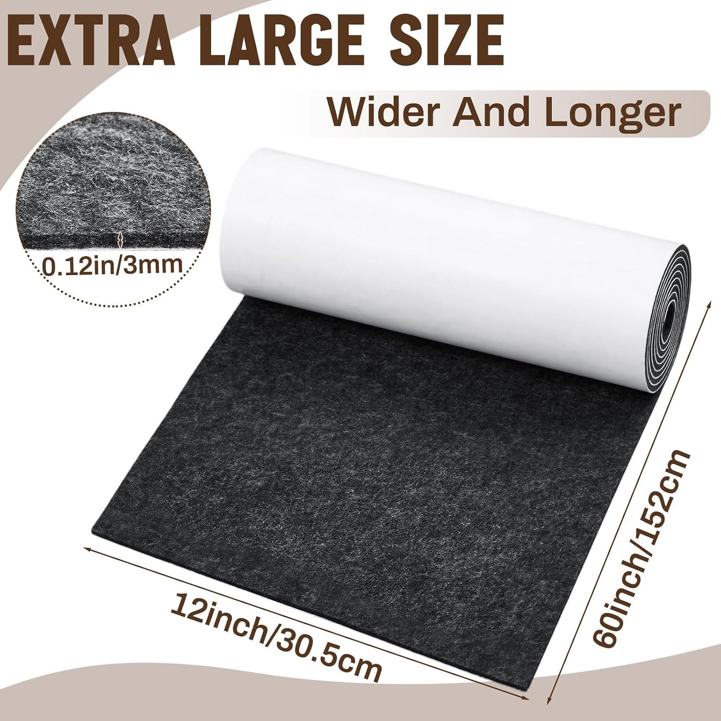 Fullhawl Large Felt Furniture Pads 8 x 60 Inch Non Slip Self Adhesive Heavy Duty Cuttable Strip Roll Felt Sheet Tape for Protecting Hardwood Floors Chair Wall, White