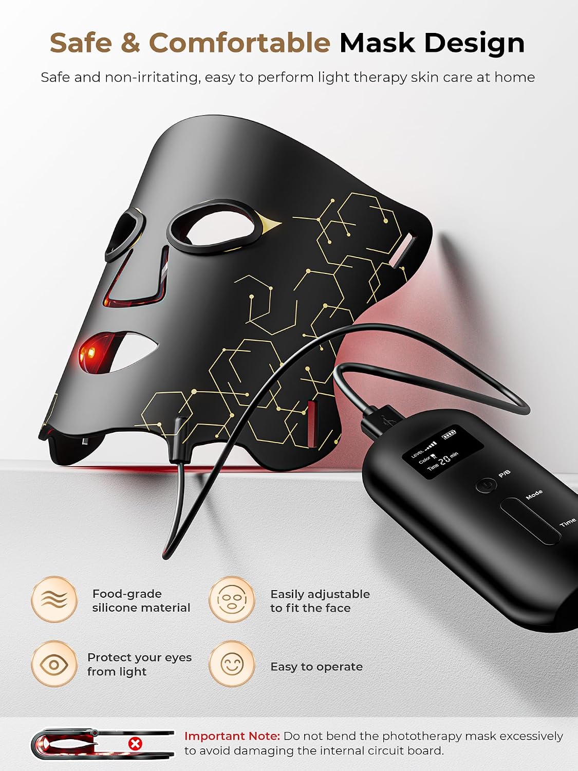 Red Light Therapy Mask with Cooling Gel Pack, 7-Color NIR 850nm LED Face Mask, LED Light Therapy Mask (E106A) with Rechargeable Remote - 180 Mins Use, Red Light Mask Home Travel Gift, Black