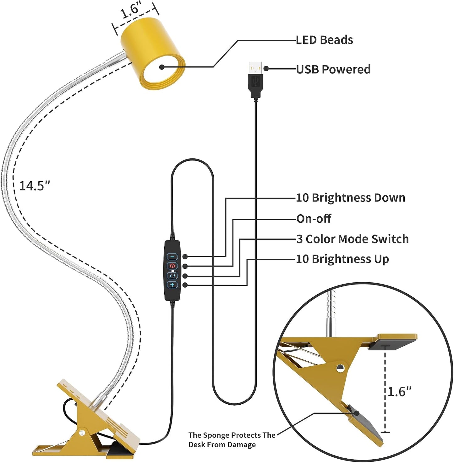 Desk Lamp USB Clip On Light,Book Lights for Reading at Night Clamp Light | 3 Color Modes,10 Brightness Clamp Light,360° Gooseneck LED Reading Light for Books in Bed,Eye-Care for Home Office,Headboards