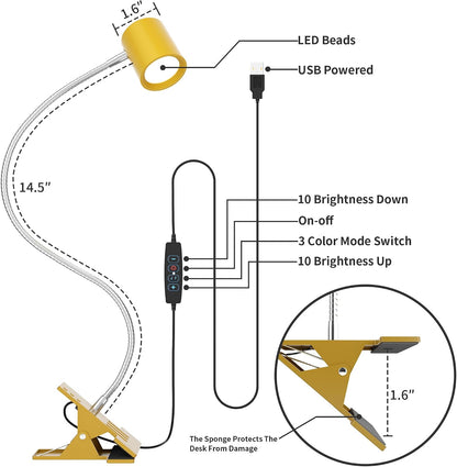 Desk Lamp USB Clip On Light,Book Lights for Reading at Night Clamp Light | 3 Color Modes,10 Brightness Clamp Light,360° Gooseneck LED Reading Light for Books in Bed,Eye-Care for Home Office,Headboards