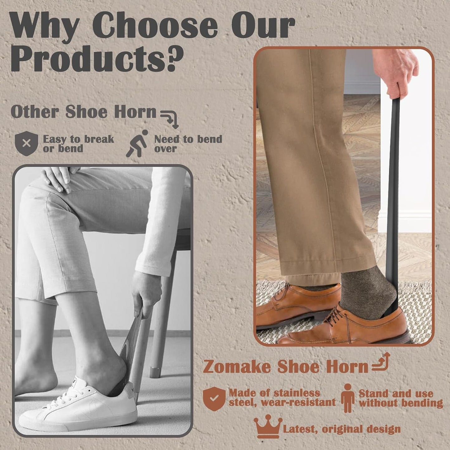 ZOMAKE Shoe Horn Long Handle for Seniors Men Women, Metal Shoehorn 2Pack | 16.5" Long Boot Horn, Travel Small Shoe Spoon Helper 7.5", Sturdy Stainless Steel, Anti-Slip Leather Grip, Shoe Protection