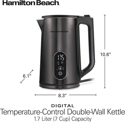 Hamilton Beach Digital 1.7L Electric Tea Kettle, Water Boiler & Heater | Fast Boiling 1500 Watts |Temp Control + 5 Presets | BPA Free | Cordless Serving | Auto-Shutoff & Boil-Dry Protection | Black