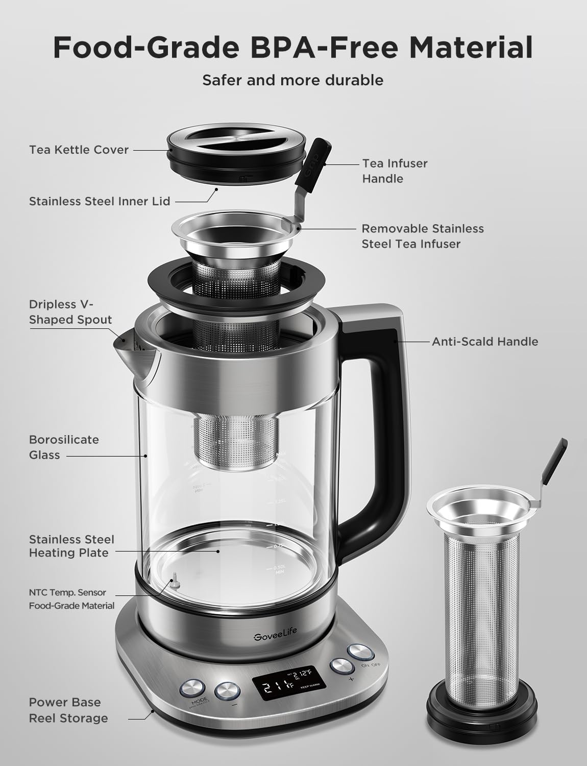 GoveeLife Smart Electric Kettle with Tea Infuser for Loose Leaf, 1.7 L Electric Tea Kettle with Brewing Program, Variable Temperature Control, 2 H Keep Warm & Auto Shut-Off, BPA Free. Black | Electric Tea Kettle with Brewing Program, Variable Temperature