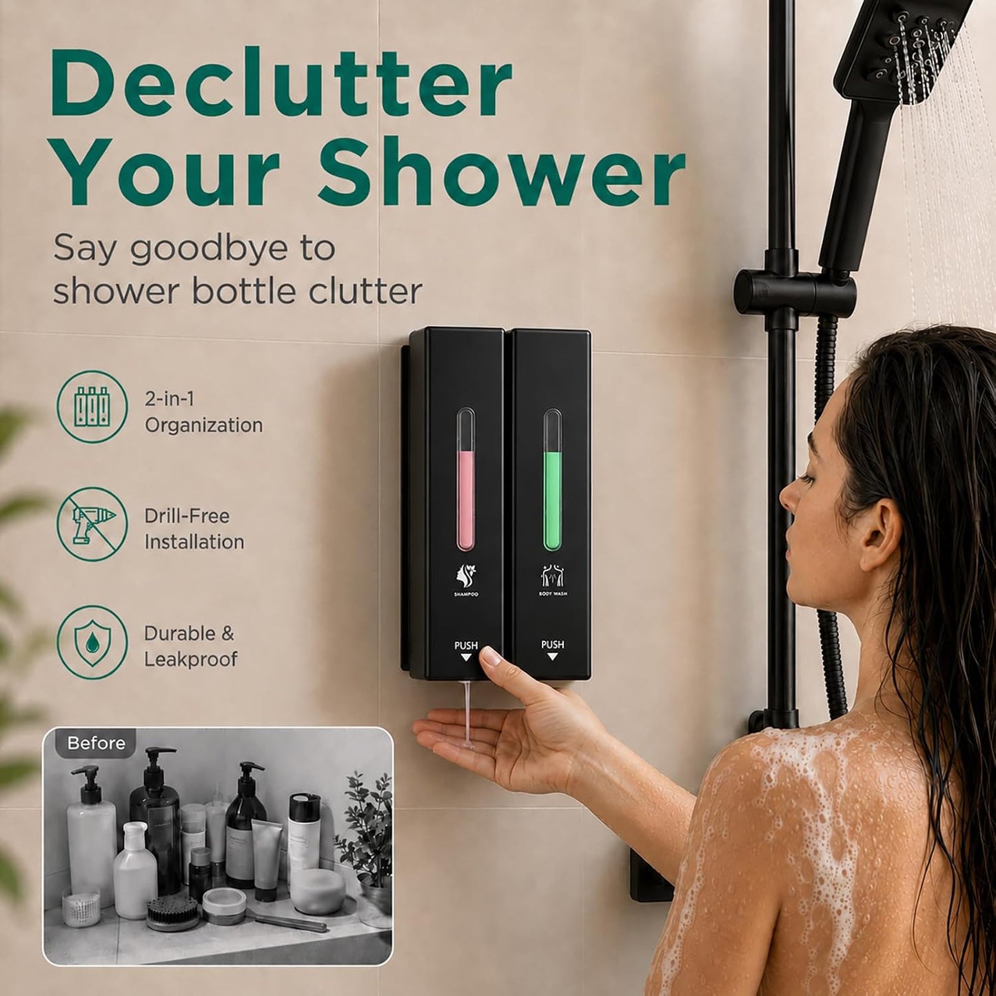 Shampoo and Conditioner Dispenser Wall Mounted, 3-Chamber Shower Soap Dispenser for Bathroom, 1200ML Large Capacity, No-Drill Installation, Clog-Free Pump for Thick Liquids (black-3-pack)