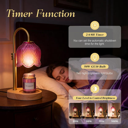 Flower Candle Warmer Lamp, Timer & 4-Level Dimmer, Adjustable Height | Flameless Electric Wax Warmer for Jar Candles, Includes 2 Bulbs, Pink, Home Decor Gift for Mom & Women, Housewarming