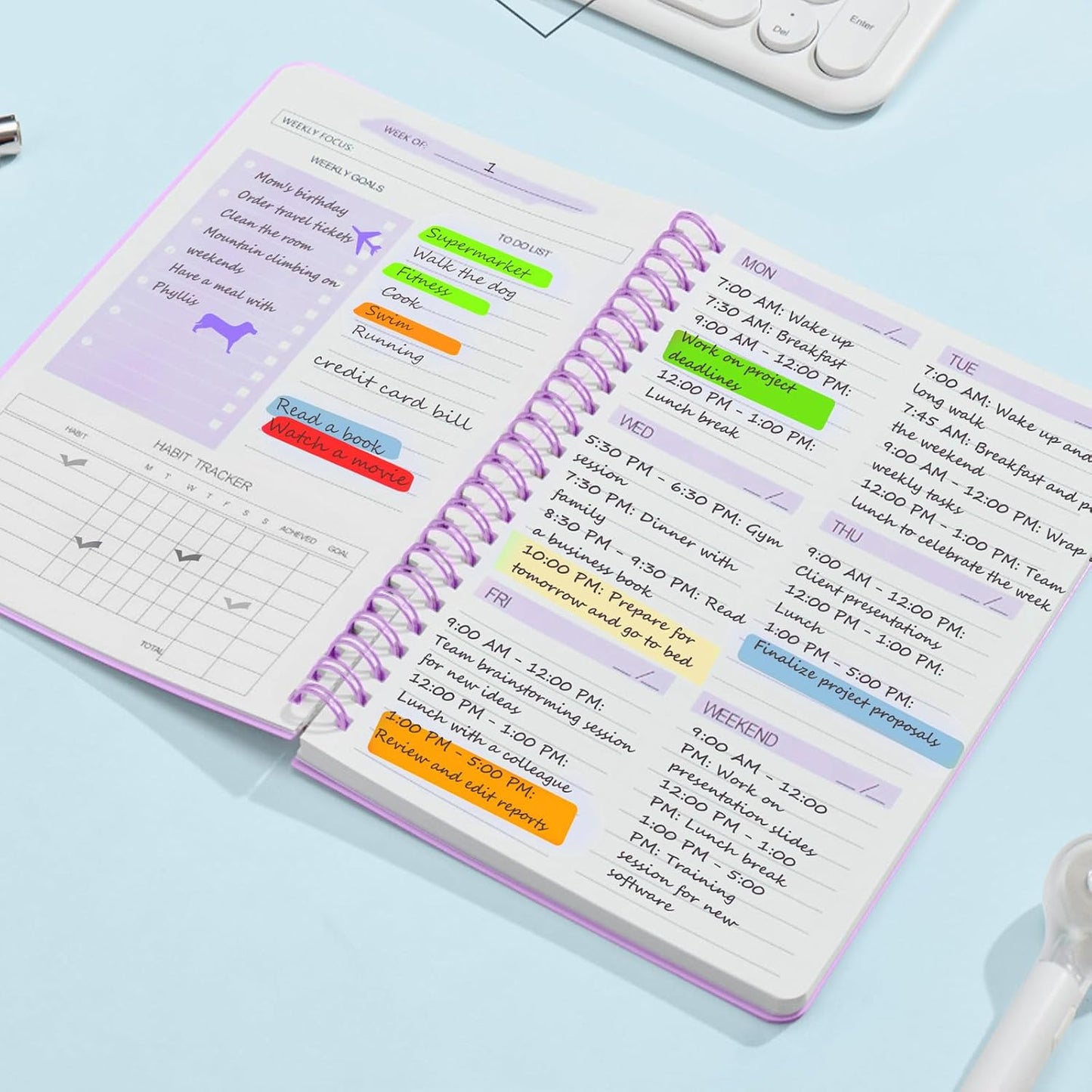 Undated Weekly Planner, A5 Personal Goals Journal Non Dated Weekly Planner to Do List Notebook with Goal Habit Tracker Organizer, Cute Undated Week Planners with Spiral Binding for Kids School Work