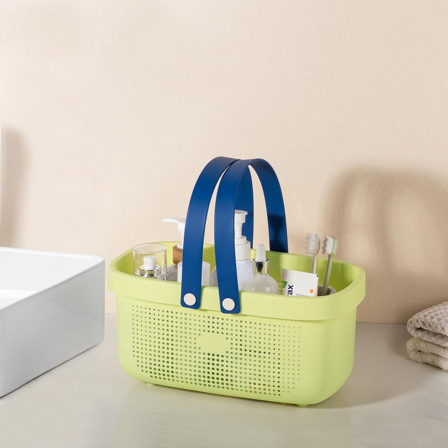 JiatuA Plastic Storage Basket with Handle Portable Shower Caddy Tote Organizer Basket Bin for Bathroom Kitchen Dorm Room Bedroom, Green | Sturdy Drainage Large Capacity Organizer Basket with Silicone Handles for Bathroom Kitchen Bedroom College Dorm