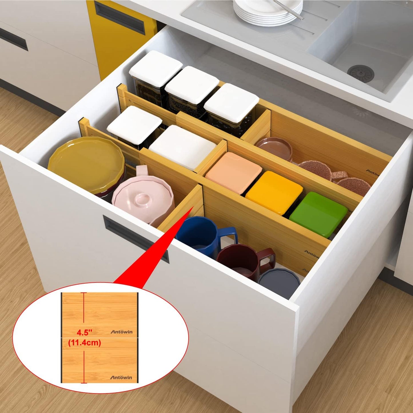 Bamboo Drawer Dividers Organizers, Drawer Separators Splitter,17-22 inches Long Adjustable Spring-loaded Organizer for Large Utensil, Clothes, Tools Drawers(yellow)
