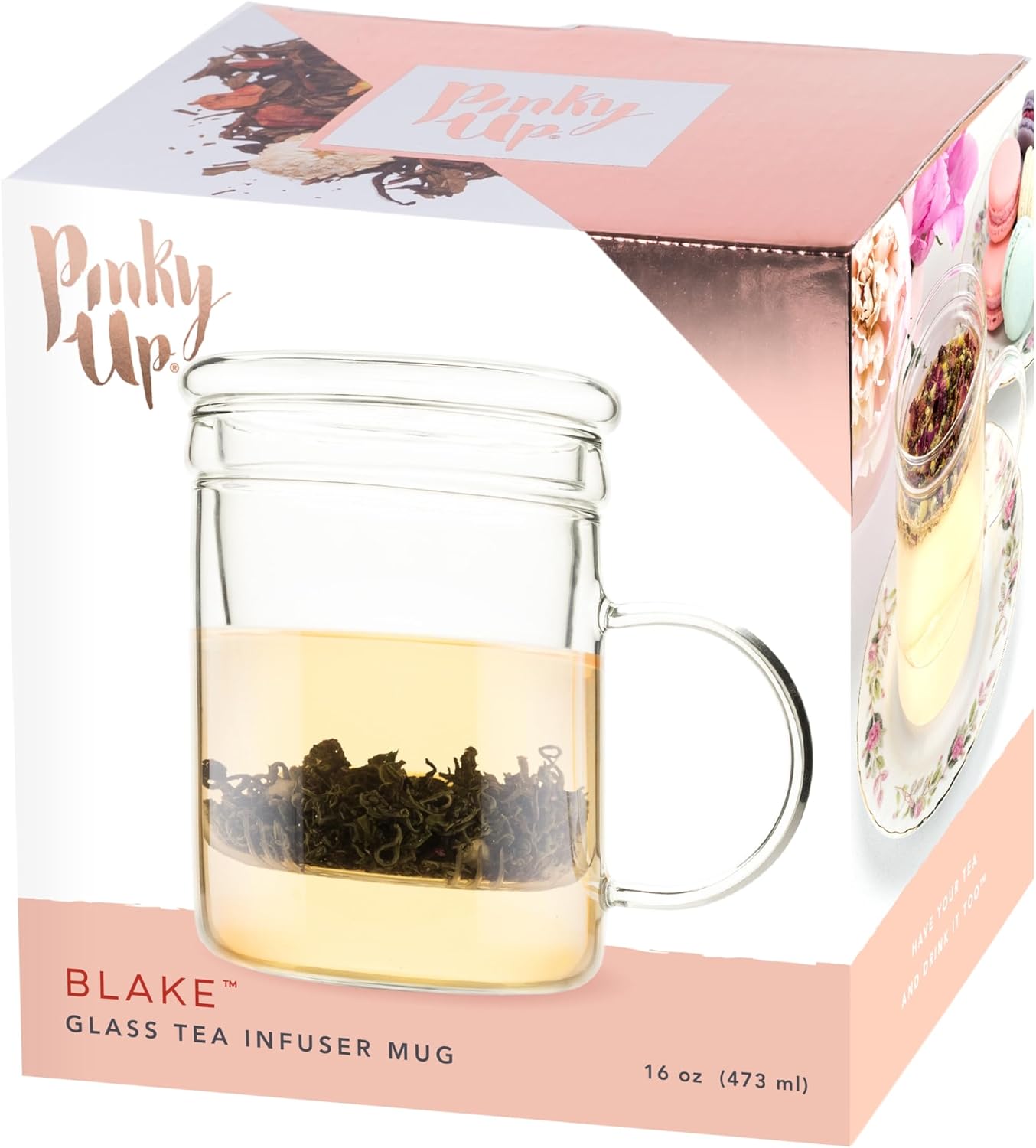 Pinky Up Blake Tea Infuser Mug with Lid, Glass Cups for Loose Leaf or Flowering Teas, Travel Mugs, Home Office, Picnic, Camping, 12 oz Set of 1, Clear
