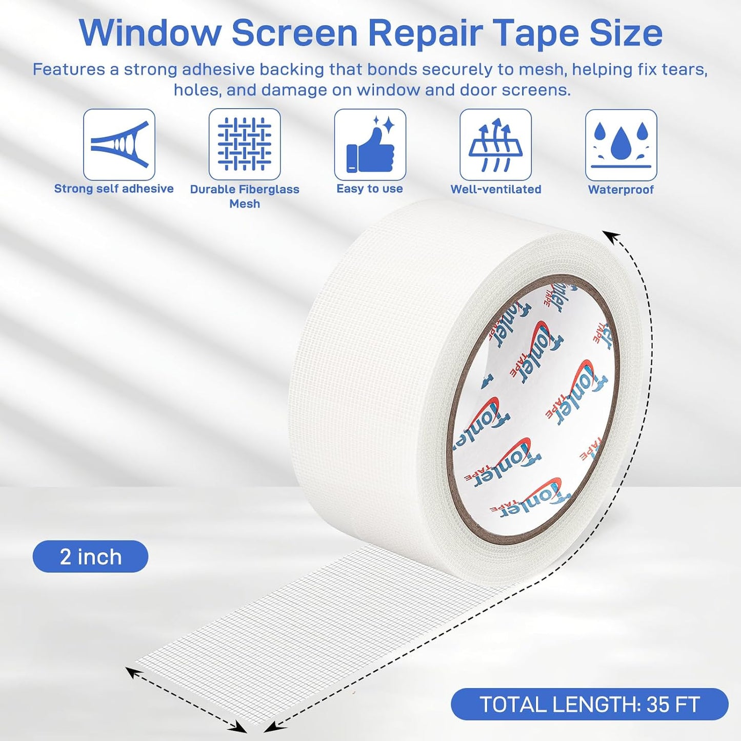 Gray Fiberglass Screen Mesh Patch Tape 2" x 35FT Strong Adhesive Repair Kit | Strong adhesive fiberglass mesh repair kit for screen holes and tears, easy to cut and apply, waterproof indoor outdoor