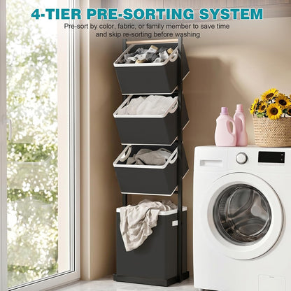 BAOKALER 4-Tier Laundry Hamper Sorter, Vertical Laundry Baskets with Wheel | Rolling Stackable Laundry Cart Removable, Organizer and Storage for Small Space, Dorm, Closet, Bathroom