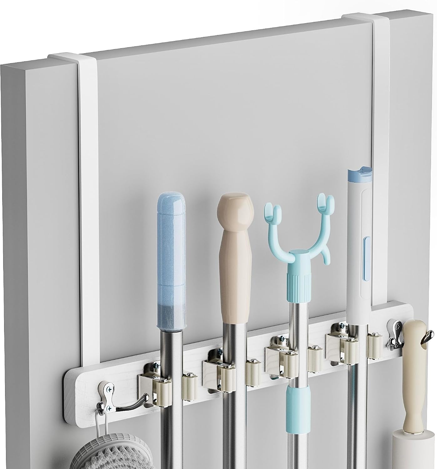 Lorbro Broom Holder Door Mount, Wood Over the Door Broom and Mop Holder | 4 Slots 4 Hooks, No Drill Setup, EVA Protection Pads, Secure Grip, Laundry Garage Closet Kitchen Use, White