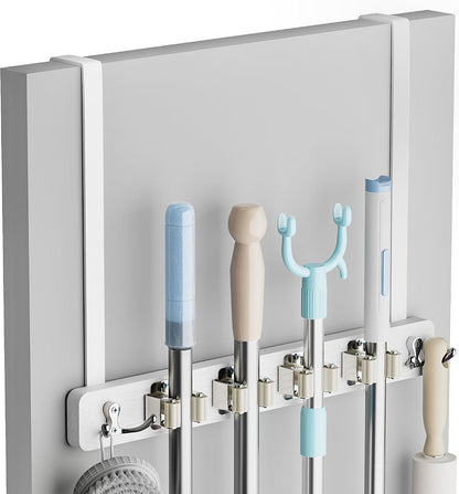 Lorbro Broom Holder Door Mount, Wood Over the Door Broom and Mop Holder | 4 Slots 4 Hooks, No Drill Setup, EVA Protection Pads, Secure Grip, Laundry Garage Closet Kitchen Use, White