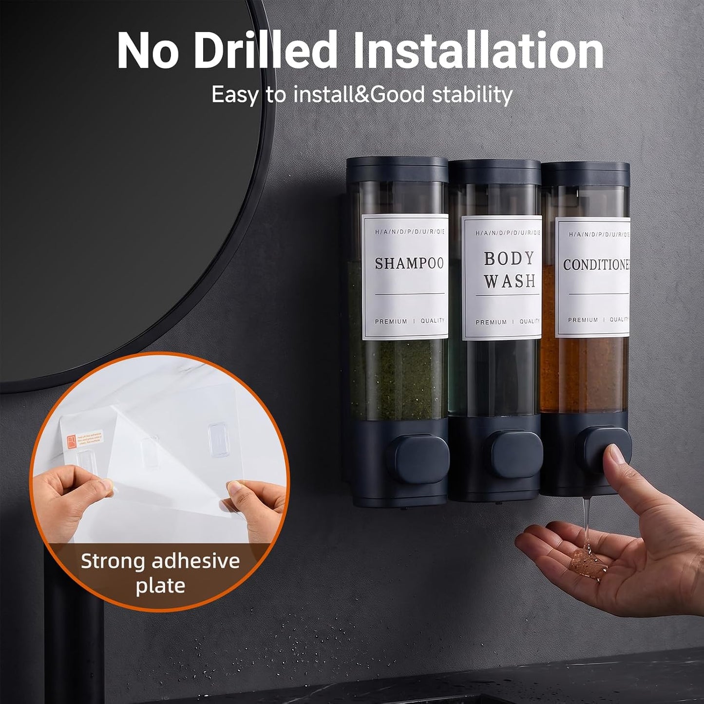 Shampoo and Conditioner Dispenser,Shower Soap Dispenser 3 Chamber No Drill Wall-Mounted for Bathroom & Hotel Leak-Proof Pumps, for Thick Liquids Like Conditioner - 1050ML High Capacity, Dark Blue