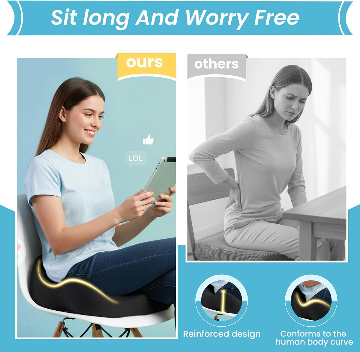 Seat Cushion,Ergonomic Chair Cushions for Sit Bone Tailbone Pain Relief,Sciatica & Back Support,Memory Foam Butt Pillow for Office,Car,Home,Gaming,Wheelchair