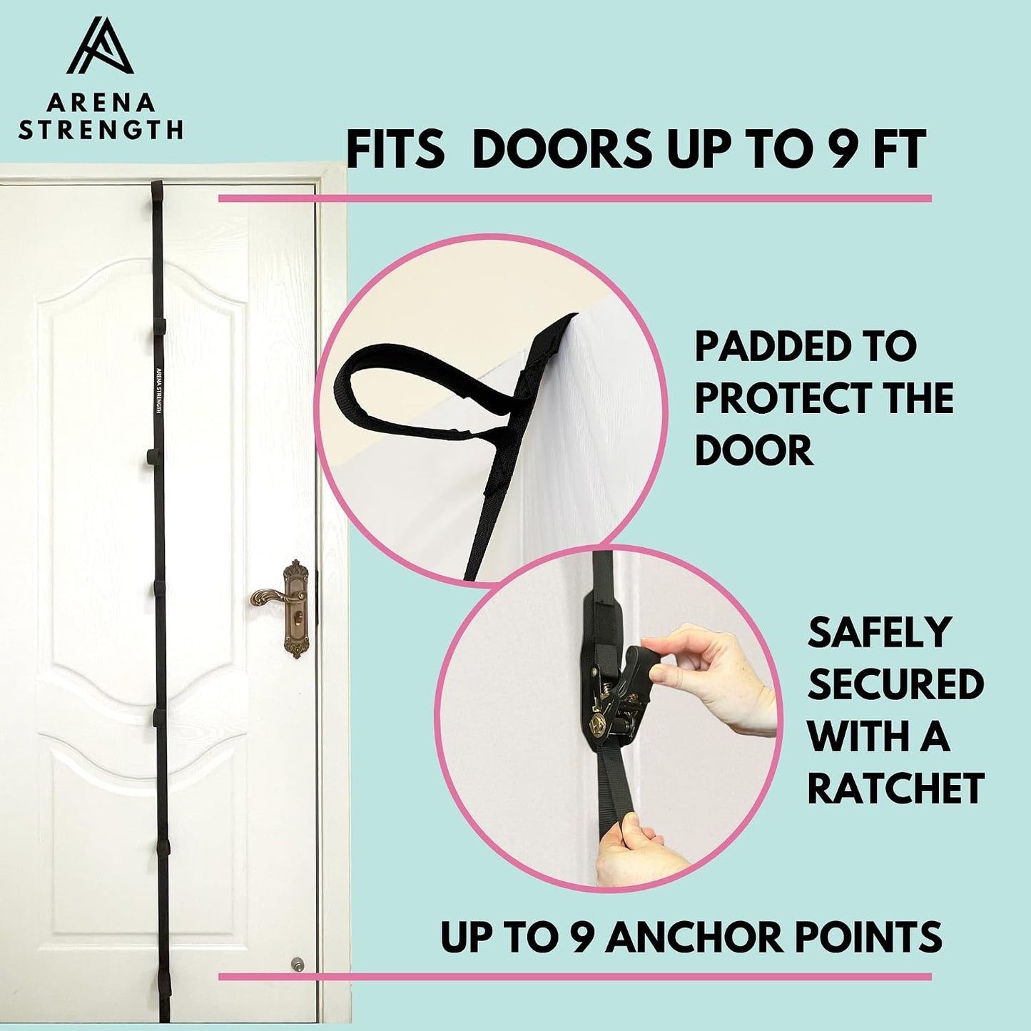Multi Loop Door Anchor Strap - Heavy Duty Resistance Band Attachment with 9 Adjustable Anchor Points, Easy Installation & Exercise Guide for Full Body | Fits Doors Up to 9 Ft, Black