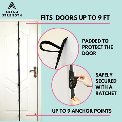 Multi Loop Door Anchor Strap - Heavy Duty Resistance Band Attachment with 9 Adjustable Anchor Points, Easy Installation & Exercise Guide for Full Body | Fits Doors Up to 9 Ft, Black
