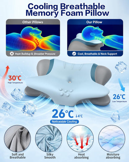 Cervical Neck Pillow for Pain Relief - Ergonomic Side Sleeper Pillow for Sleeping, Cooling Memory Foam Pillows for Neck Support, Orthopedic Pillow Contour Bed Pillow for Back Stomach Sleepers