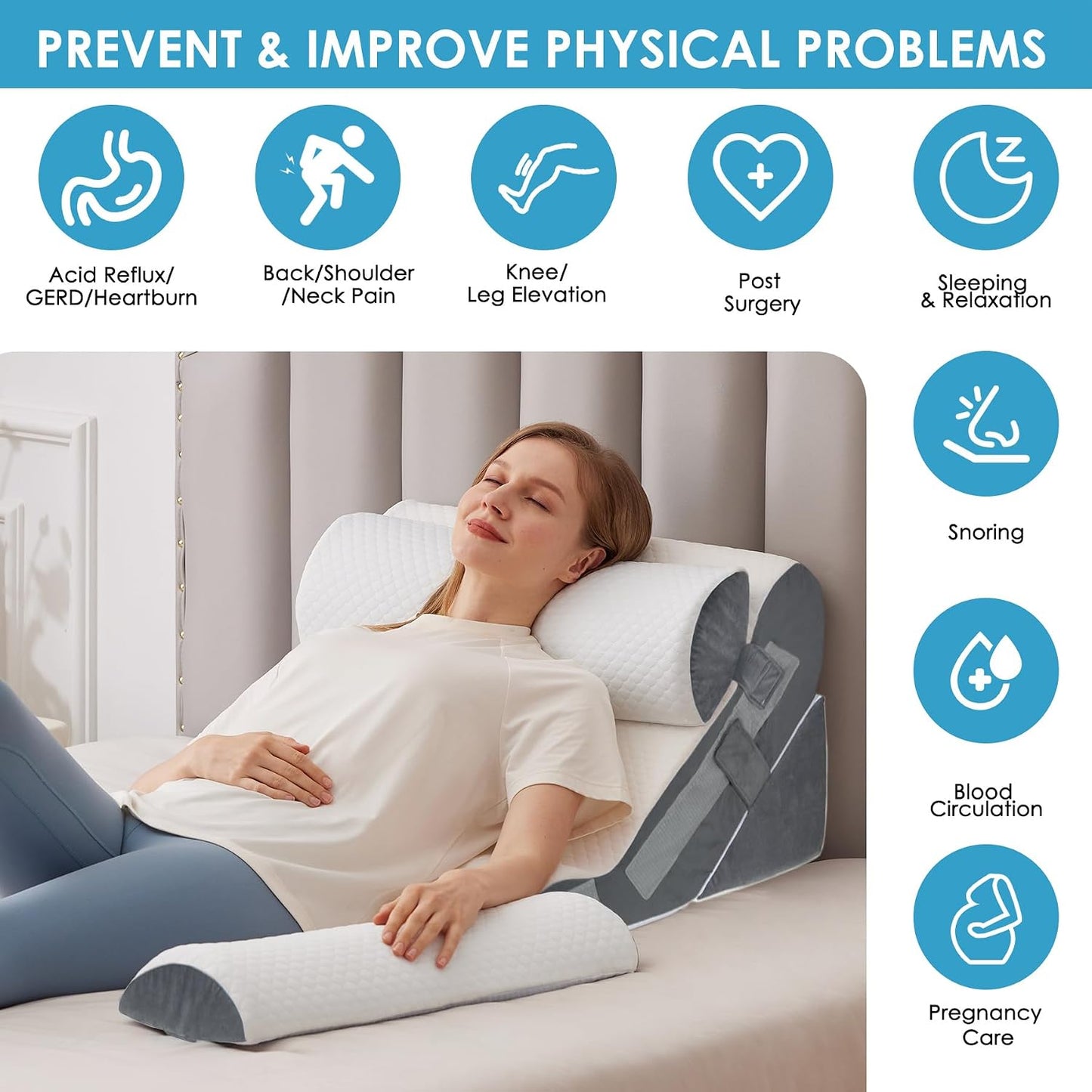 MEGCXIT 3PCS Bed Wedge Pillow for Headboard, Adjustable Wedge Pillow for Sleep Apnea, 23” Wide Triangle Pillow Wedge Set for After Surgery, Acid Reflux Relief, Snoring, Neck&Back Support, White/Grey