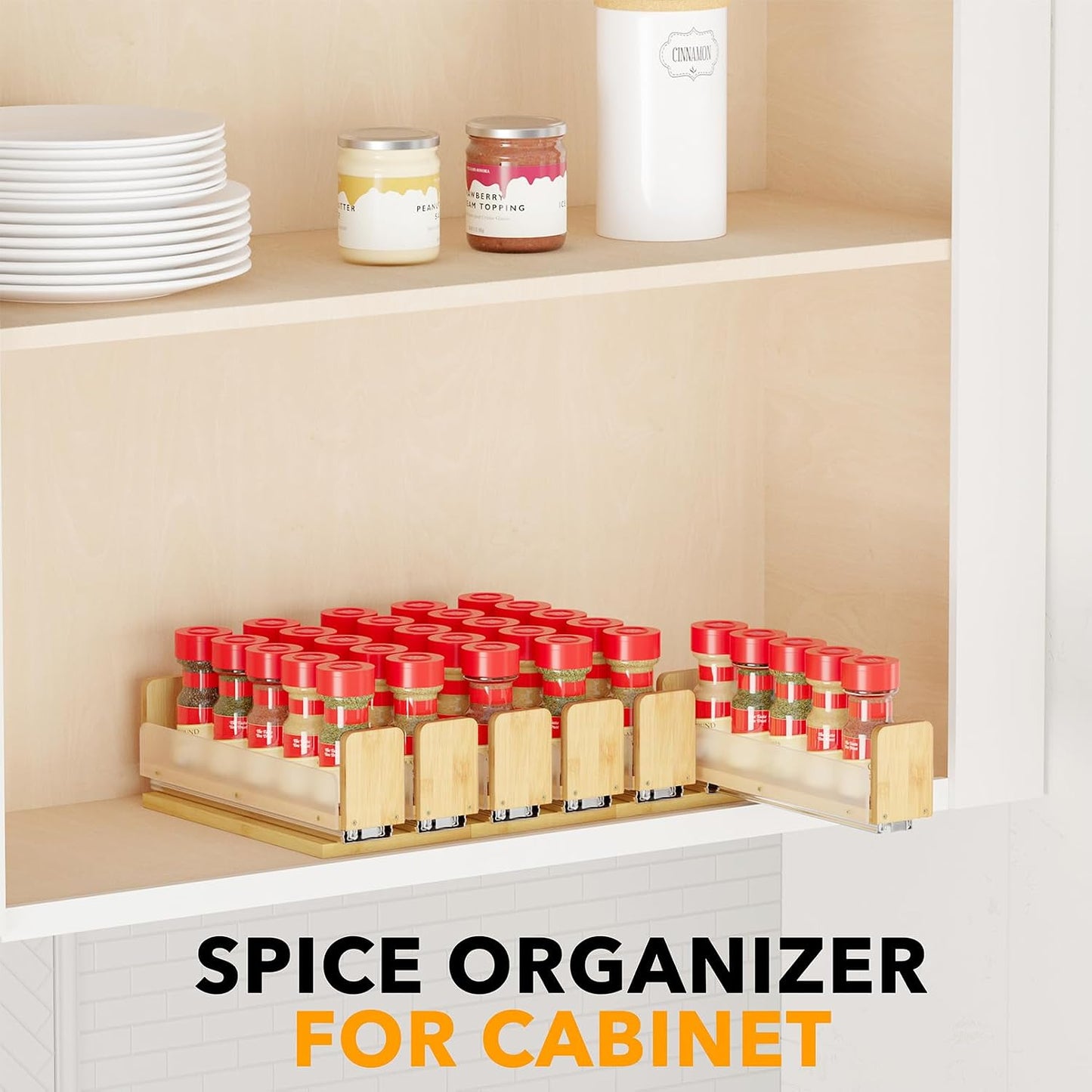 SpaceAid Bamboo Pull Out Spice Rack Organizer for Cabinet, Heavy Duty Slide Out Seasoning Kitchen Pantry Sliding Vertical Organization, 7.6" Wide, 3 Drawers(2" Wide), 2-Tier, Natural