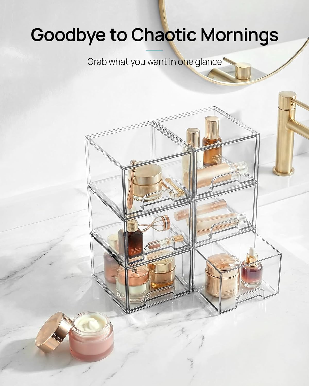 Vtopmart 4 Pack Small Clear Stackable Storage Drawers, Fits Narrow Spaces | Multi-Use Plastic Bins for Bathroom Cabinet Organizer, Makeup, Desk, Vanity, Undersink, Medicine ,Keeps Small Items Organized