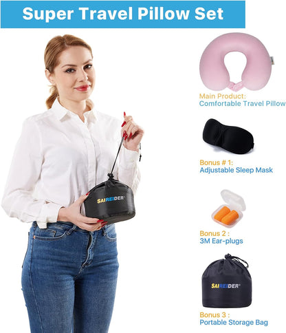 SAIREIDER Travel Pillow 100% Pure Memory Foam Travel Neck Pillow, Airplane Pillow for Traveling、Car、Home、Office，Washable Cover（Black）