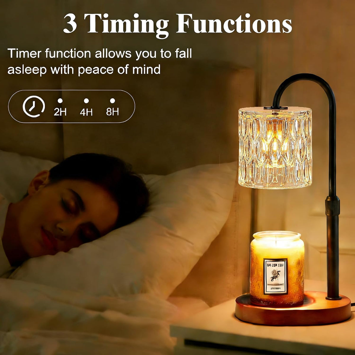 Dreamholder Electric Candle Warmer Lamp with Timer, Dimmable Candle Lamp with Adjustable Height, Wax Melter for Jar Candles Wood Base Floral Home Decor Gifts for Women Mom, Silver Glass