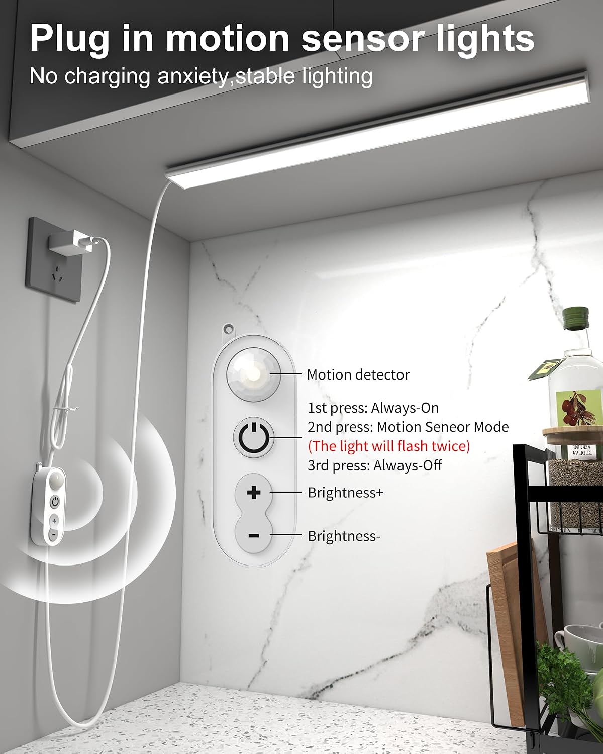 ASOKO Motion Sensor Dimmable Led Under Cabinet Light, 12" Cool White | ASOKO Motion Sensor Dimmable Led Under Cabinet Light, 12" Plug in Cool White 6000K Bar for Kitchen Counter Closet