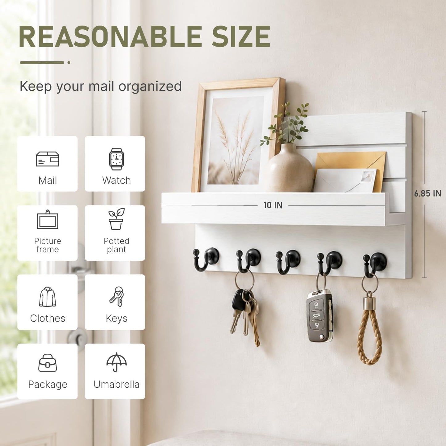 HONJIN Key Holder Wall Mount with Shelf and 5 Sturdy Key Hooks (White) | Key and Mail Holder Wall Mount, Wooden Entryway Organizer and Decorative, Easy Installation, 10*3.8*6.85 Inch