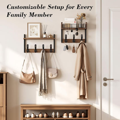 Delamu 29" Large Coat Rack Wall Mount with Shelf, 4 in 1 Shelf with 11 Hooks, Wooden Key and Mail Holder for Wall for Entryway, Living Room and Bedroom, Brown