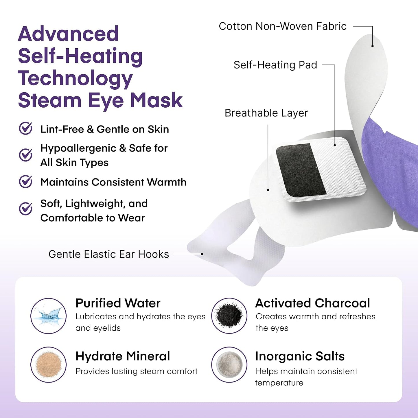 Steam Eye Mask 30 Pack – Self Heating Warm Compress for Dry Eyes & Puffy Eyes, Lavender Heated Eye Mask for Sleep & Relaxation, Disposable for Eye Strain & Travel (Purple)
