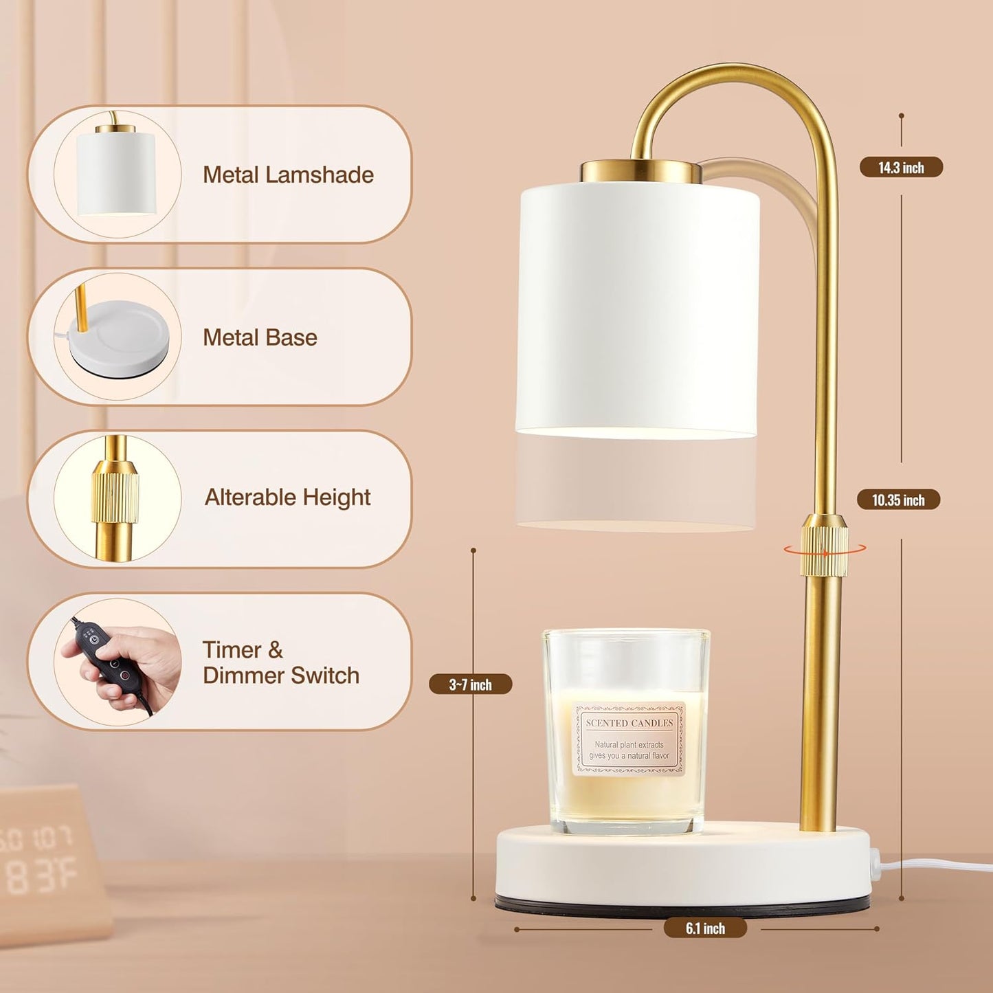 CASTLELIFE Candle Warmer Lamp with Timer & Dimmer, Height Adjustable Electric Wax Melt Warmer for Jar Candles, Gifts for Mom Home Decor, White