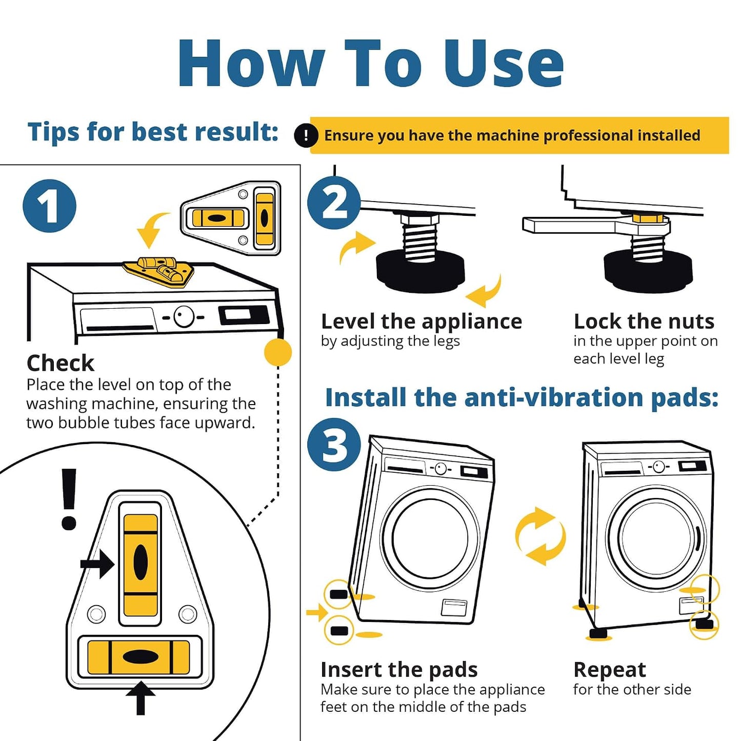 Heavy Duty Anti Vibration Pads for Washing Machine, Grey 4 Pack Washer Feet | Works as washer & dryer leveling pads or anti vibration mat. Universal fit up to 2.36in feet, reduces shaking & noise.