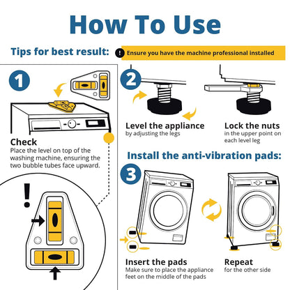 Heavy Duty Anti Vibration Pads for Washing Machine, Grey 4 Pack Washer Feet | Works as washer & dryer leveling pads or anti vibration mat. Universal fit up to 2.36in feet, reduces shaking & noise.