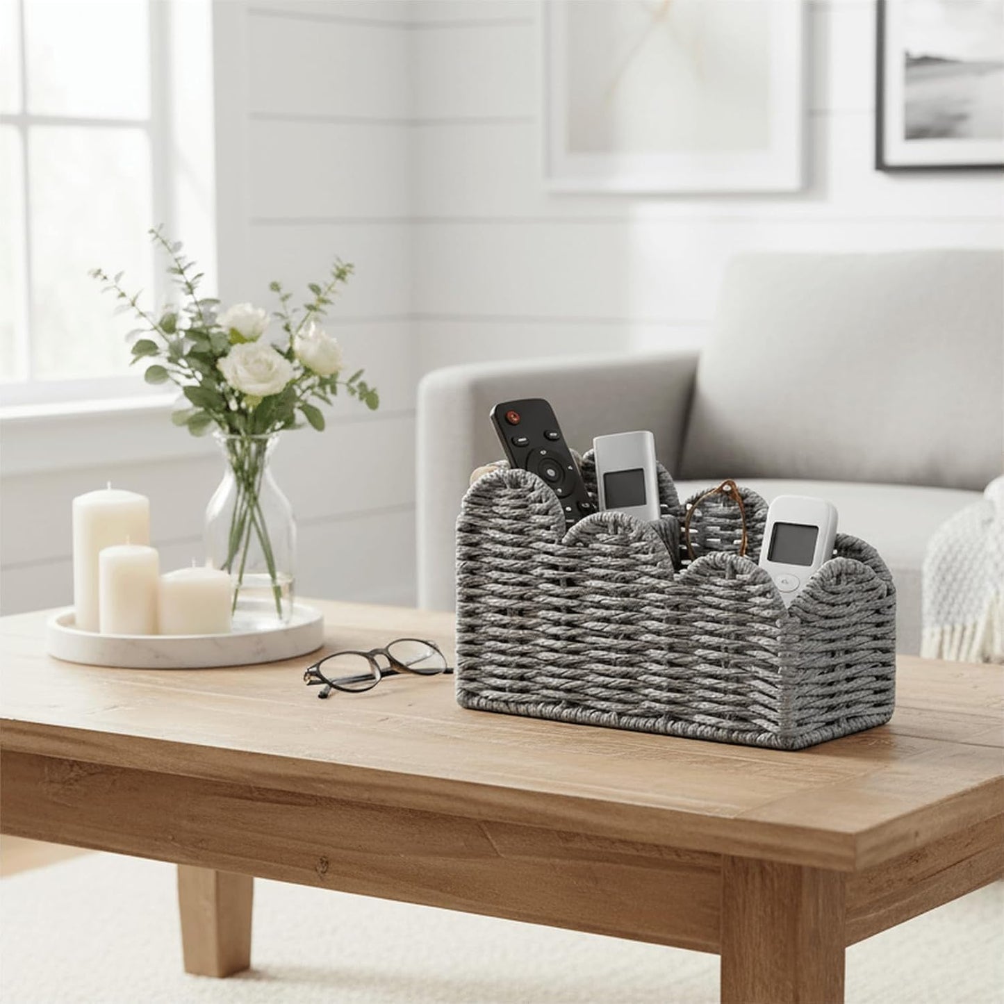 CubesLand Bedside Table Desk Organizer Caddy, Remote Pen&Pencil Holder Cup | Makeup Brush Holder w/Scalloped Perfect for Home, Office Desk, Living Room Table Decor, 3 Slots Neutral