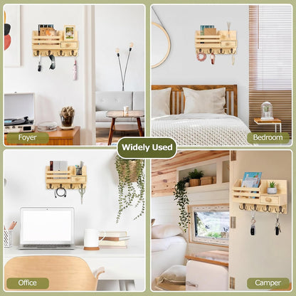 Key Holder Wall Mount, Wooden Key and Mail Organizer, Black | 2 Mount Options, Includes 8 Hooks, Fence Mail Slot, Small Drawer and Shelf, for Entryway, Hallway, Doorway, Living Room, RV