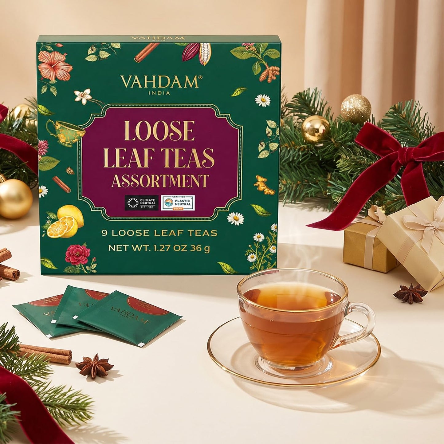 VAHDAM, Assorted Herbal Tea Sampler (18 Tea Bags, 9 Flavors) Caffeine-Free, Non-GMO | Double Infusion, Individually Enveloped Tea Bags | Herbal Tea Assortmen