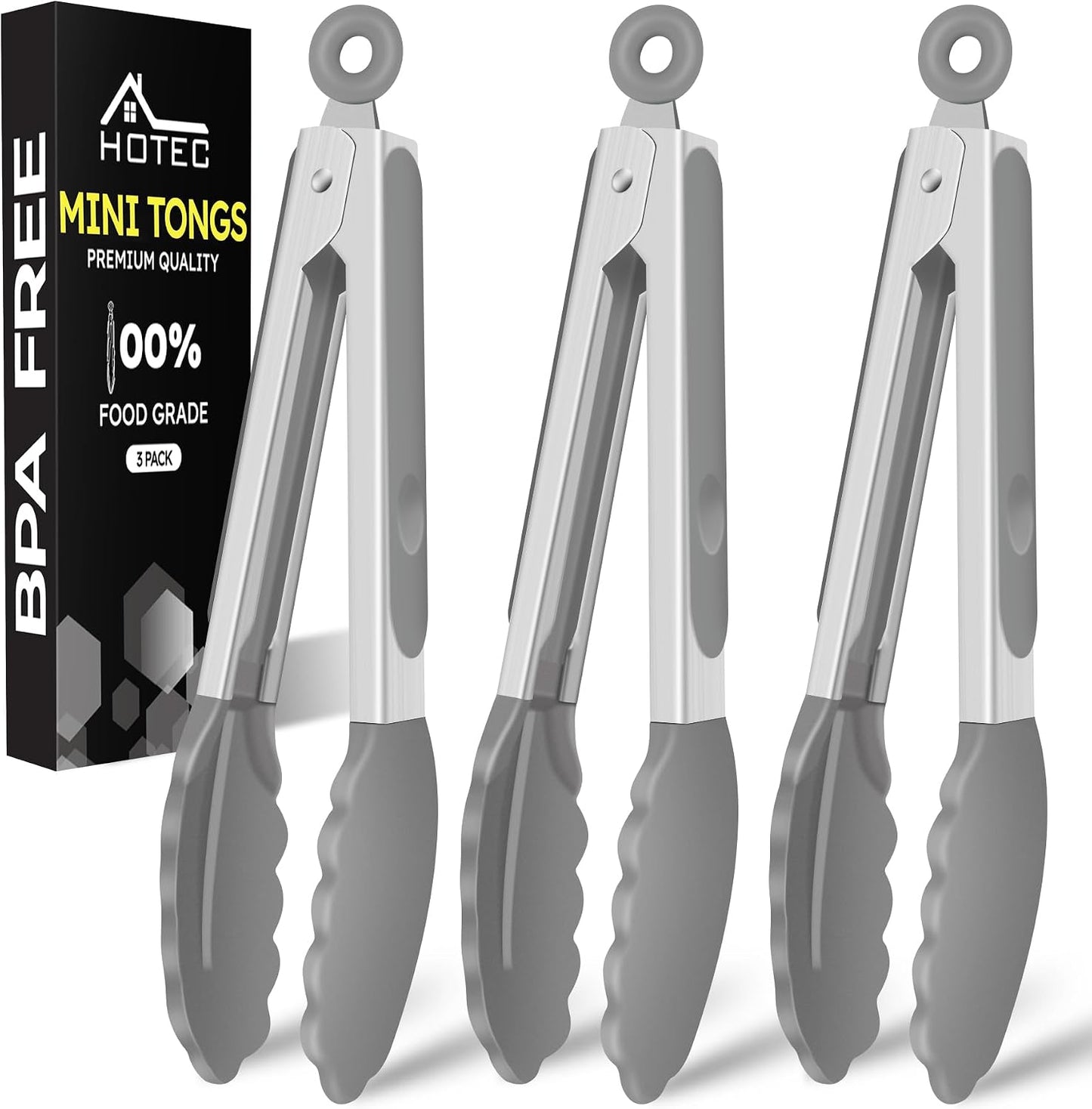 Hotec Mini Silicone Kitchen Tongs for Cooking - 7-Inch Small Serving Tongs with Silicone Tips, Set of 3 (Black,Grey,Light Blue)