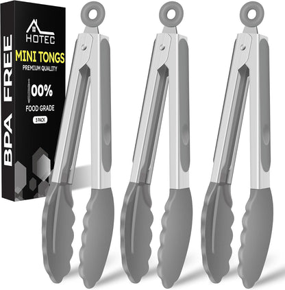 Hotec Mini Silicone Kitchen Tongs for Cooking - 7-Inch Small Serving Tongs with Silicone Tips, Set of 3 (Black,Grey,Light Blue)