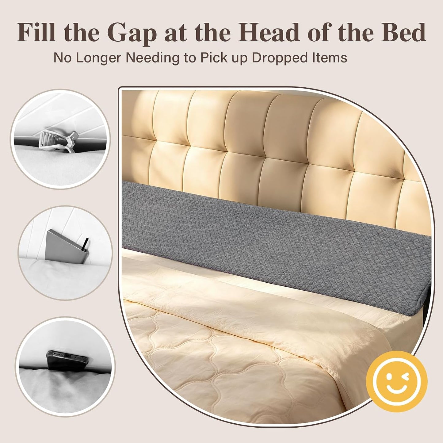 JZHLLA Triangle Bed Gap Filler King, Prevent Items from Falling | High Density Foam Headboard Gap Filler Pillow with 2 PCS Pockets and Removable Washable Cover Grey