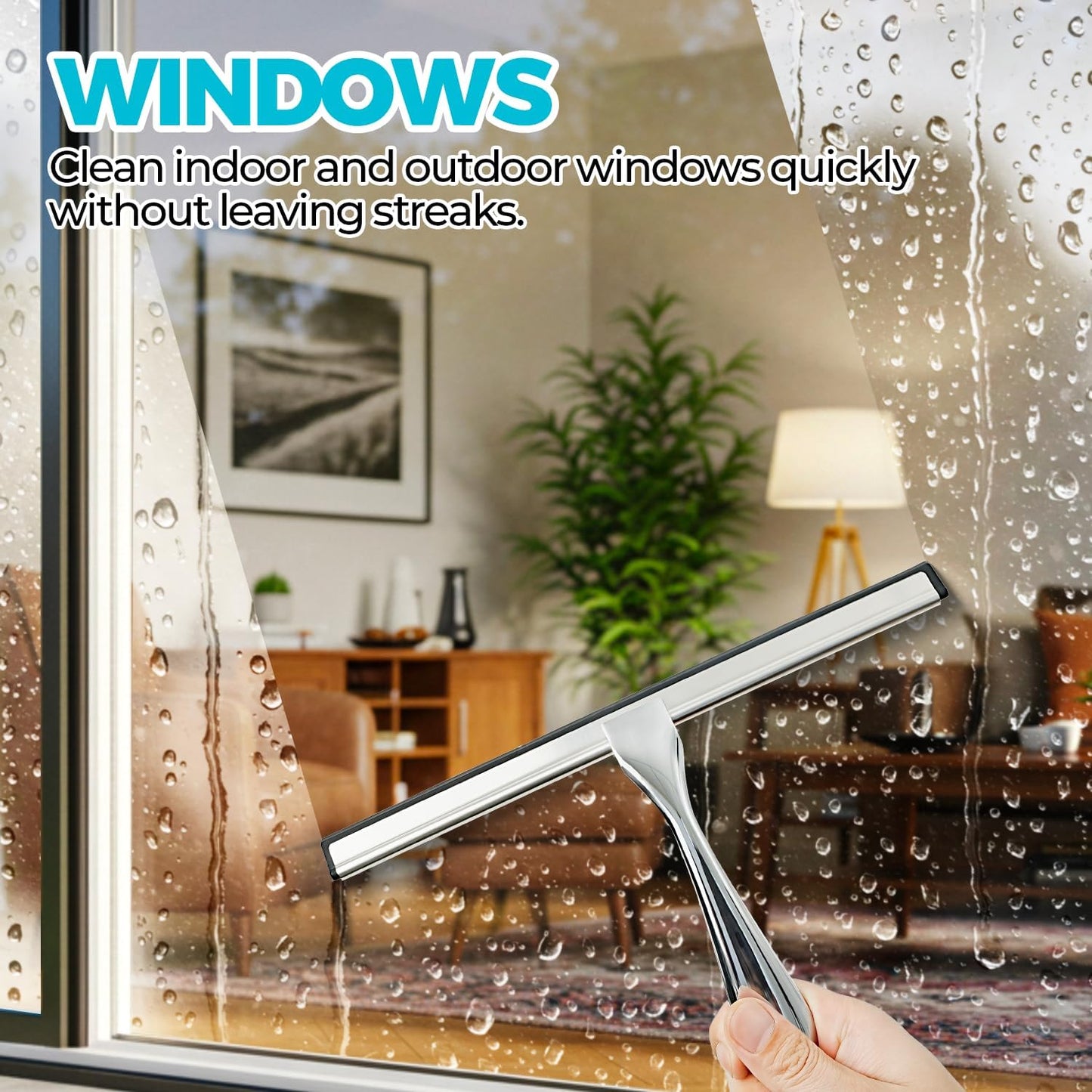 12" Shower Squeegee for Glass Doors, Tile Walls, Car Windows, Silver | Bathroom Accessories, New Home Essentials, Silicone Blade, Metal Handle, Adhesive Hook, Household Tool, Multipurpose Cleaner