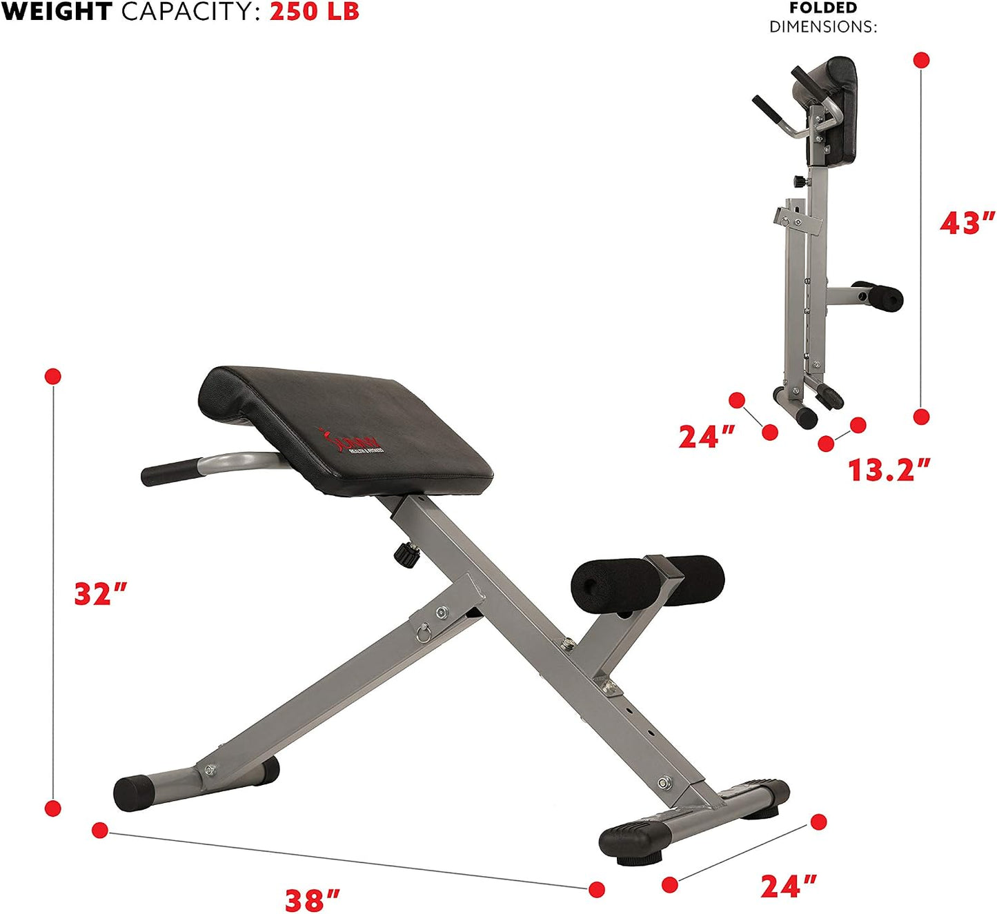 Sunny Health & Fitness Multi-Function Roman Chair | Adjustable Height, Folds Flat for Storage, Built in Dip Station, Targets Back, Abs & Core, Crunches & Back Extensions