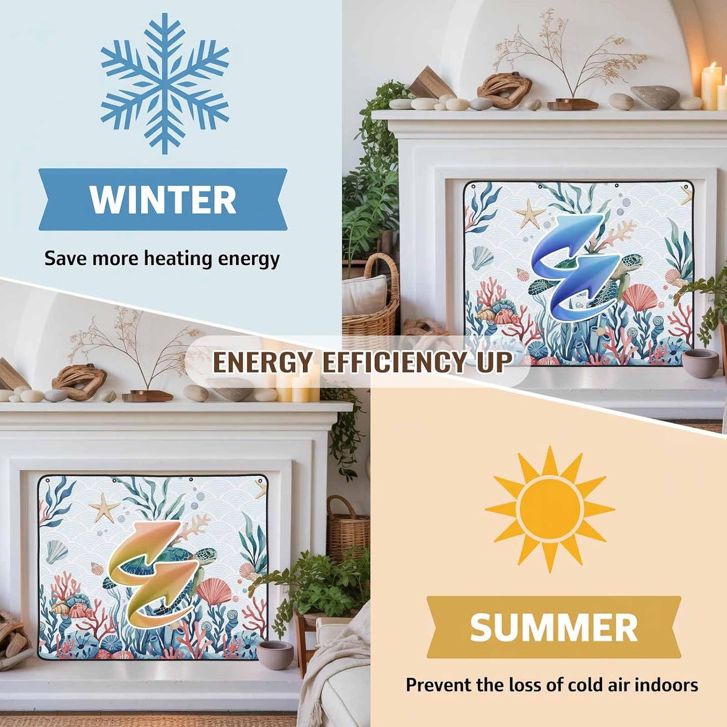 Magnetic Fireplace Cover Turtle Coral Starfish Fireplace Screen Decorative Shell Ocean Marine Life Insulation Fireplace Blocker Save Energy Fireplace Draft Stopper Covers for Living Room 39x32 Inch