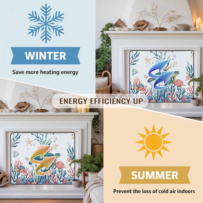 Magnetic Fireplace Cover Turtle Coral Starfish Fireplace Screen Decorative Shell Ocean Marine Life Insulation Fireplace Blocker Save Energy Fireplace Draft Stopper Covers for Living Room 39x32 Inch
