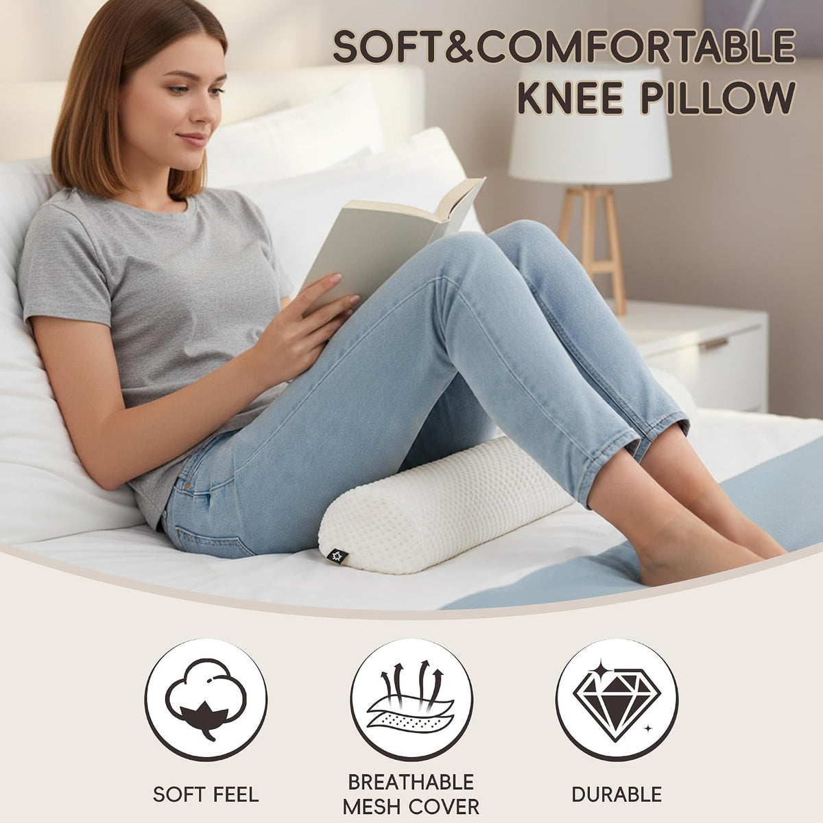 SPRING SEAON Half Moon Bolster Knee Pillow for Back Sleeping Memory Foam Leg Pillow for Ankle and Foot Comfort Under Knee Pillow for Side Sleepers Machine Washable Cover(17" x 7.5" x 4.3")